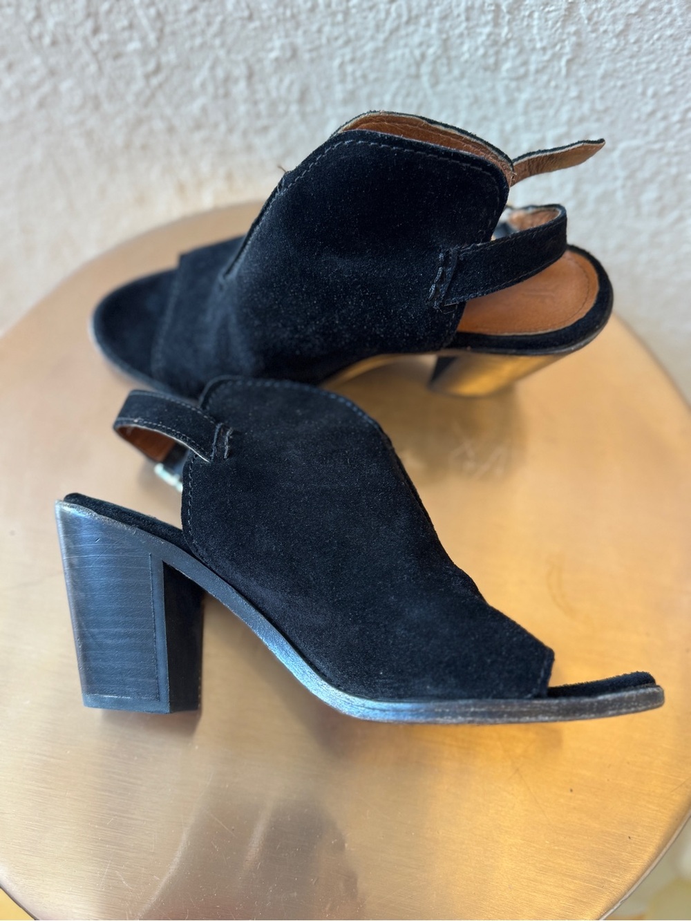 Frye Black Suede Open-Toe Slingback Block Heels